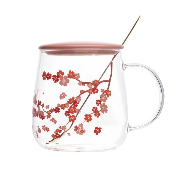 Encontraproduto.com.br - Caneca de Vidro Borossilicato com Tampa e Colher Sakura 500ml - Wolff