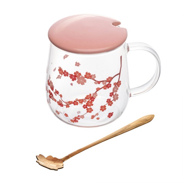 Caneca de Vidro Borossilicato com Tampa e Colher Sakura 500ml - Wolff