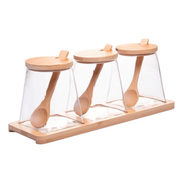 Encontraproduto.com.br - Conjunto 3 Potes em Borossilicato com Tampa Hermética, Colher e Bandeja em Bambu 350ml - Wolff