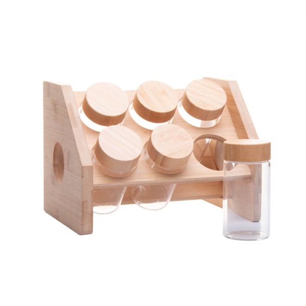 Conjunto 6 Potes em Borossilicato com Tampa de Rosca e Rack em Bambu 120ml - Wolff