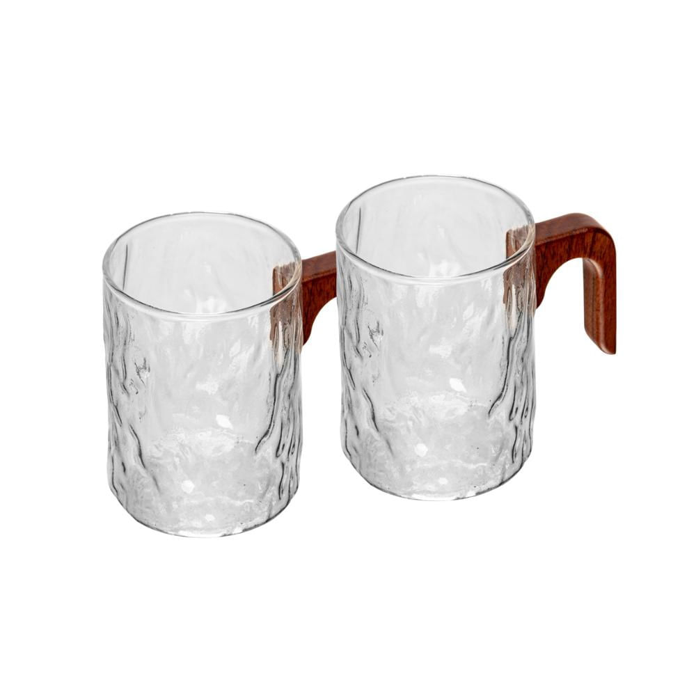 Encontraproduto.com.br - Conjunto 2 Canecas de Vidro Borossilicato com Cabo em Bambu 330ml - Wolff