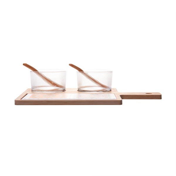 Encontraproduto.com.br - Conjunto 6 Peças Petisqueiras de Vidro com Colher e Bandeja de Bambu Tábua Ladrilho 32x22,5cm Wolff