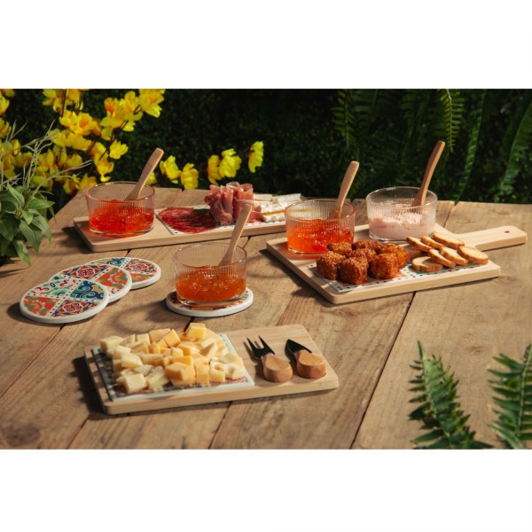 Encontraproduto.com.br - Conjunto 6 Peças Petisqueiras de Vidro com Colher e Bandeja de Bambu Tábua Ladrilho 32x22,5cm Wolff