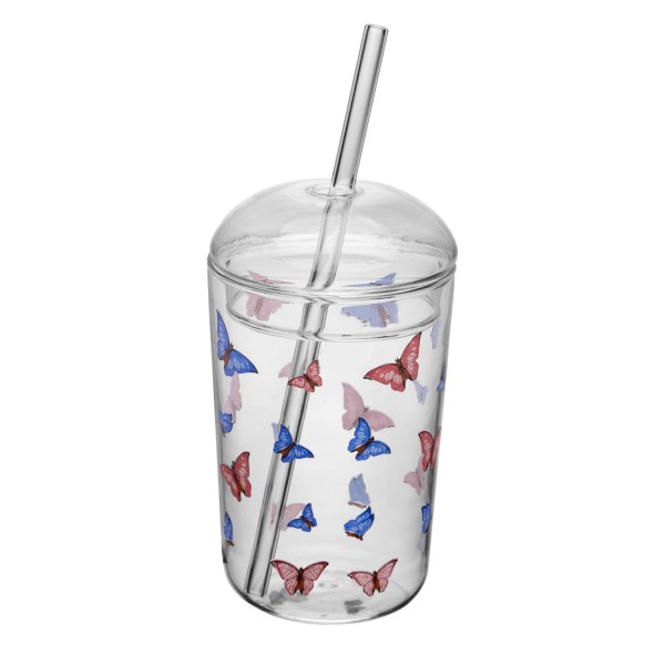 Encontraproduto.com.br - Copo de Vidro Borossilicato com Tampa e Canudo Butterfly 450ml - Wolff