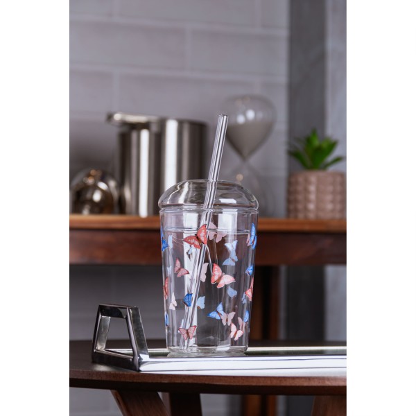 Encontraproduto.com.br - Copo de Vidro Borossilicato com Tampa e Canudo Butterfly 450ml - Wolff