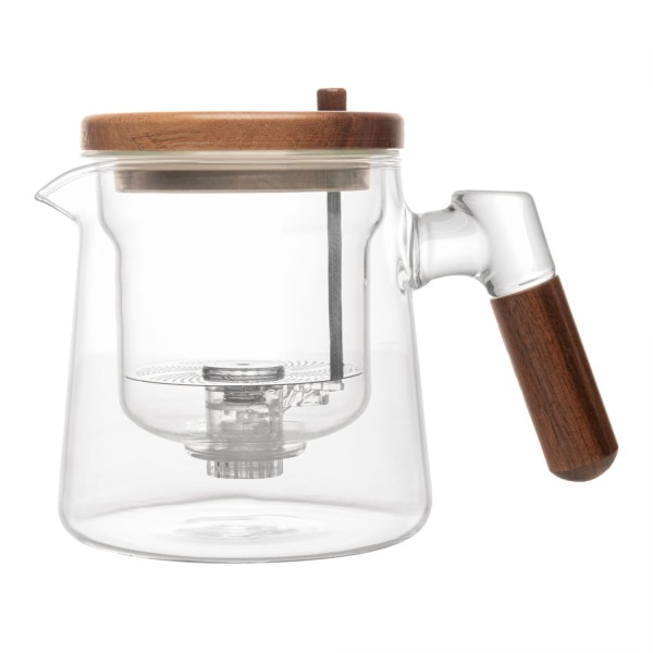 Encontraproduto.com.br - Chaleira de Vidro Borossilicato com Tampa e Alça de Madeira e Botão Infusor Automático 500ml - Wolff
