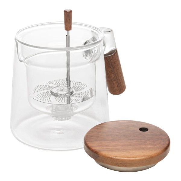 Encontraproduto.com.br - Chaleira de Vidro Borossilicato com Tampa e Alça de Madeira e Botão Infusor Automático 500ml - Wolff