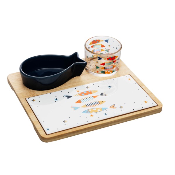 Conjunto 4 Peças Petisqueira de Vidro com Bowl Bandeja de Bambu e Tábua Iki - Wolff