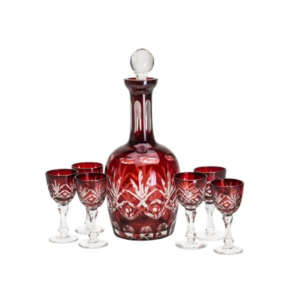 Encontraproduto.com.br - Jogo de taças de licor com garrafa cristal Wolff Palm 7 peças vermelho