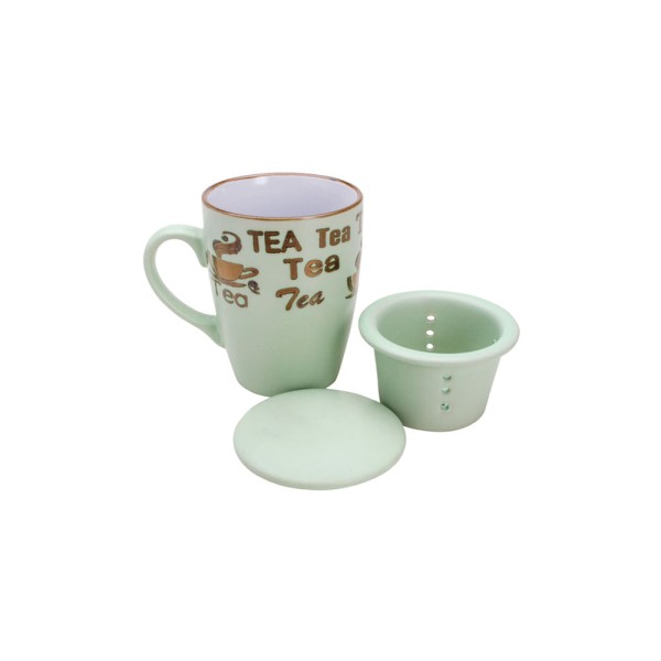 Encontraproduto.com.br - Caneca porcelana com infusor Bon Gourmet Vintage Letters 350ml verde