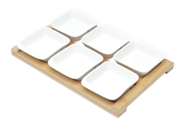 Encontraproduto.com.br - Conjunto com 6 petisqueiras em porcelana e tábua em bambu 31x20x5cm