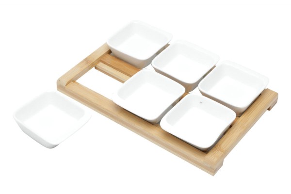 Encontraproduto.com.br - Conjunto com 6 petisqueiras em porcelana e tábua em bambu 31x20x5cm