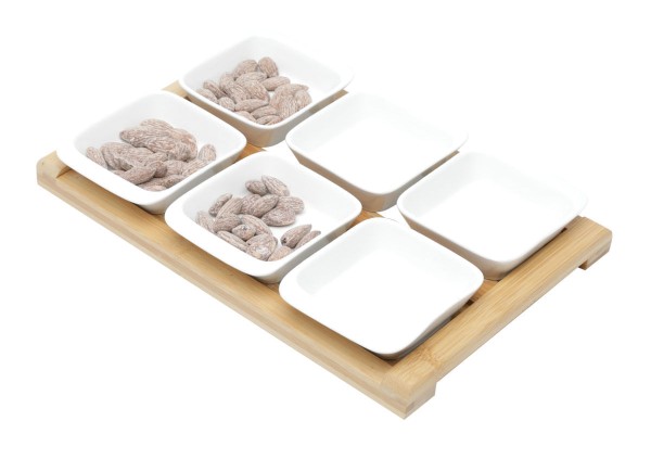 Encontraproduto.com.br - Conjunto com 6 petisqueiras em porcelana e tábua em bambu 31x20x5cm