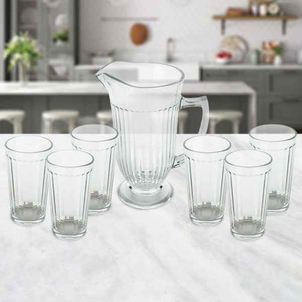Encontraproduto.com.br - Conjunto Stripes com 6 copos de vidro de 270  ml e 1 jarra de 1 litro