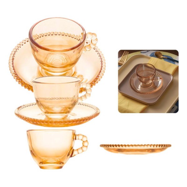 Jogo de Xícaras de Café Cristal Com Pires Pearl Âmbar 4 Peças - 80ml