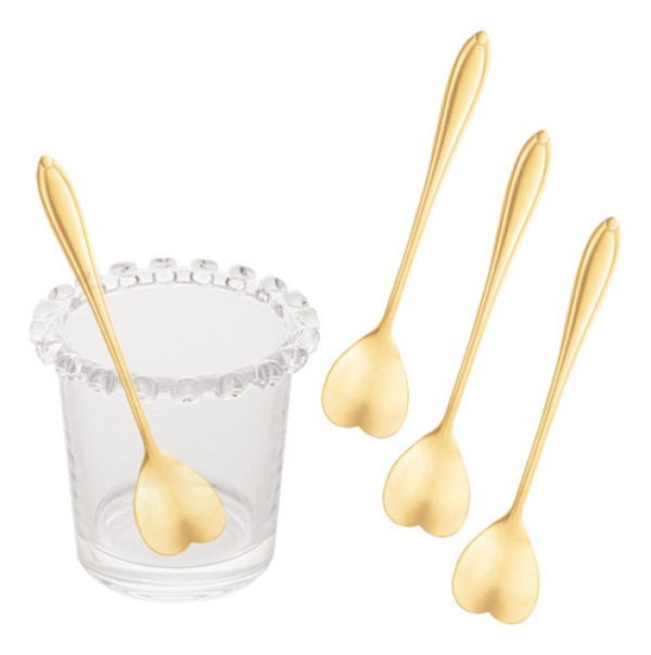 Jogo de 4 Colheres Aço Inox para Chá Heart Coração Prateada - 12,7 cm