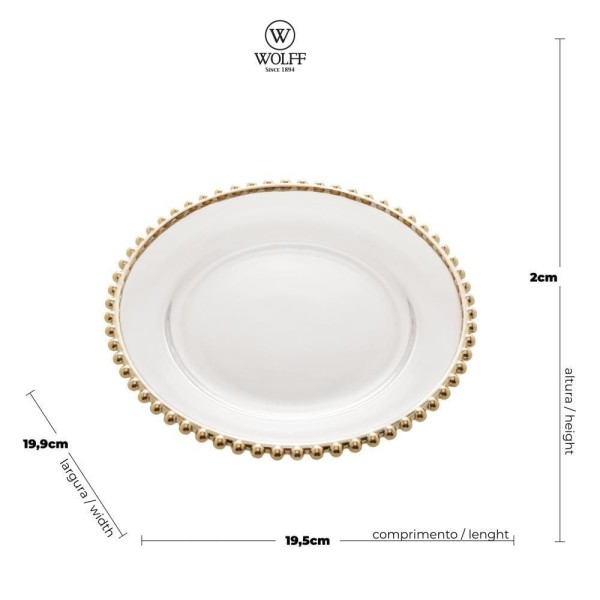 Encontraproduto.com.br - Prato Sobremesa Cristal com Borda Bolinha Dourada Pearl - 20 cm