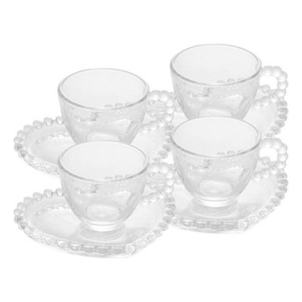 Encontraproduto.com.br - Jogo 4 Xícaras Chá Cristal de Chumbo Com Pires Coração Pearl 180ml