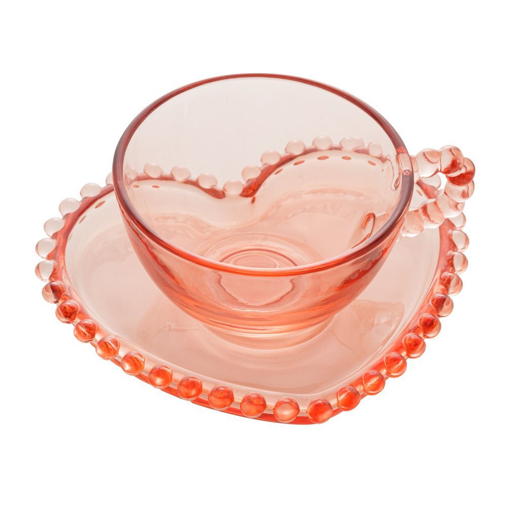 Encontraproduto.com.br - Jogo de 4 Xícaras de Chá Cristal com Pires Coração Pearl Rosa - 180ml