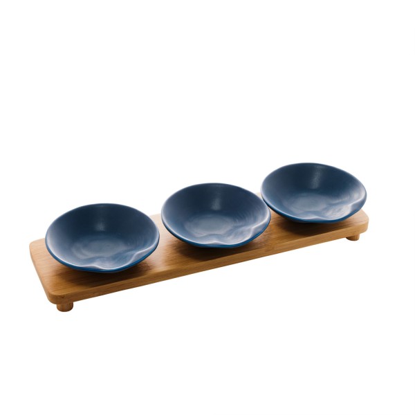 Encontraproduto.com.br - Conjunto 3 Petisqueiras de Porcelana com Bandeja Bambu Azul Matt 32cm x 9cm x 5cm - Wolff