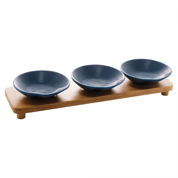 Encontraproduto.com.br - Conjunto 3 Petisqueiras de Porcelana com Bandeja Bambu Azul Matt 32cm x 9cm x 5cm - Wolff