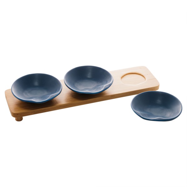 Encontraproduto.com.br - Conjunto 3 Petisqueiras de Porcelana com Bandeja Bambu Azul Matt 32cm x 9cm x 5cm - Wolff