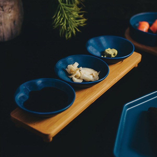 Encontraproduto.com.br - Conjunto 3 Petisqueiras de Porcelana com Bandeja Bambu Azul Matt 32cm x 9cm x 5cm - Wolff