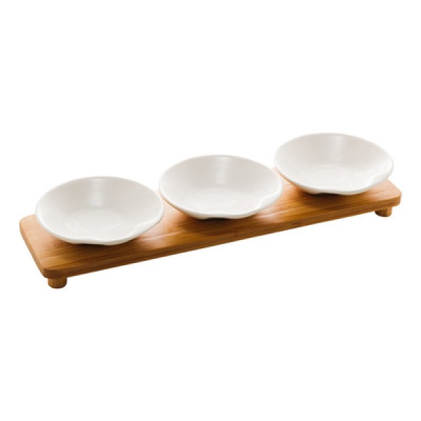 Encontraproduto.com.br - Conjunto Petisqueiras Wolff Porcelana com Bandeja Bambu Branco 32X9X5cm