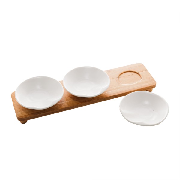 Encontraproduto.com.br - Conjunto Petisqueiras Wolff Porcelana com Bandeja Bambu Branco 32X9X5cm