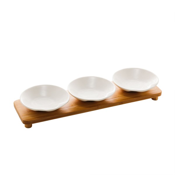 Encontraproduto.com.br - Conjunto Petisqueiras Wolff Porcelana com Bandeja Bambu Branco 32X9X5cm