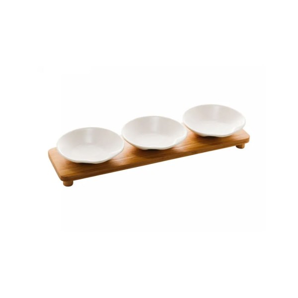 Encontraproduto.com.br - Conjunto Petisqueiras Wolff Porcelana com Bandeja Bambu Branco 32X9X5cm