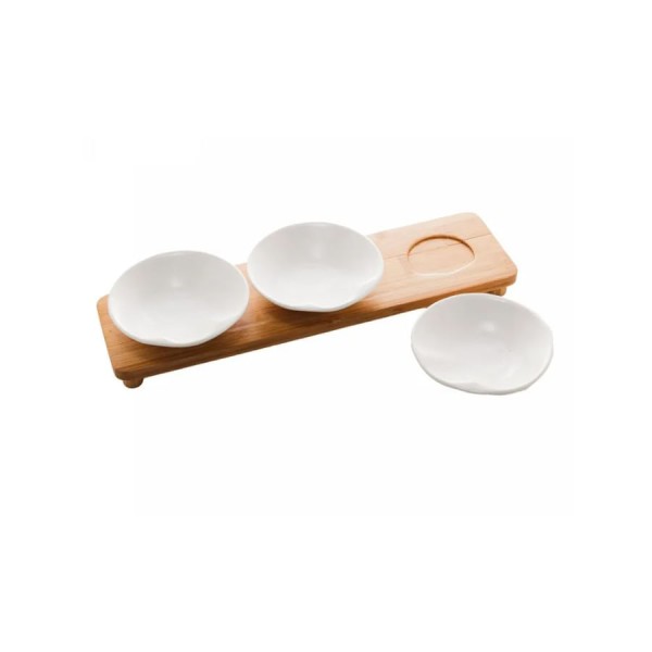 Encontraproduto.com.br - Conjunto Petisqueiras Wolff Porcelana com Bandeja Bambu Branco 32X9X5cm
