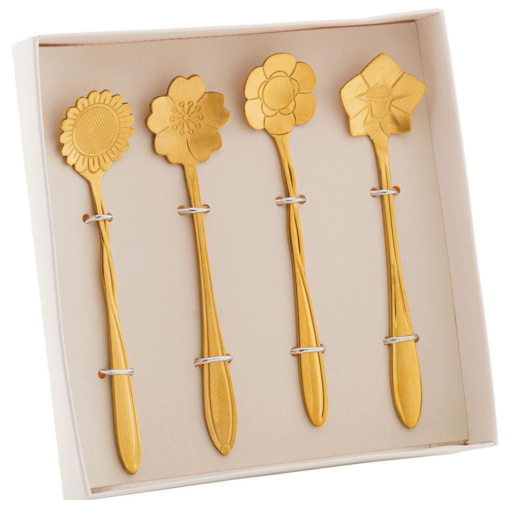 Encontraproduto.com.br - Jogo 4 Colheres para Chá  Flores Aço Inox Dourado