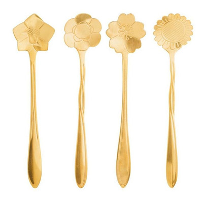 Jogo 4 Colheres para Chá  Flores Aço Inox Dourado