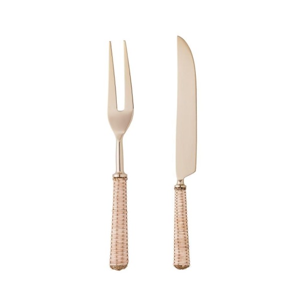 Encontraproduto.com.br - Conjunto 2 Peças Faca e Garfo para Assado de Aço Inox com Cabo de Rattan Dourado - Wolff