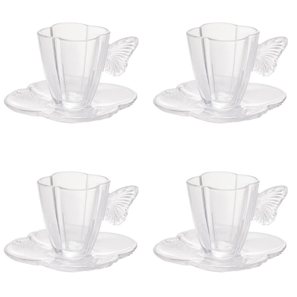 Encontraproduto.com.br - Conjunto 4 Xícaras de Chá de Vidro com Pires Butterfly 180ml - Wolff