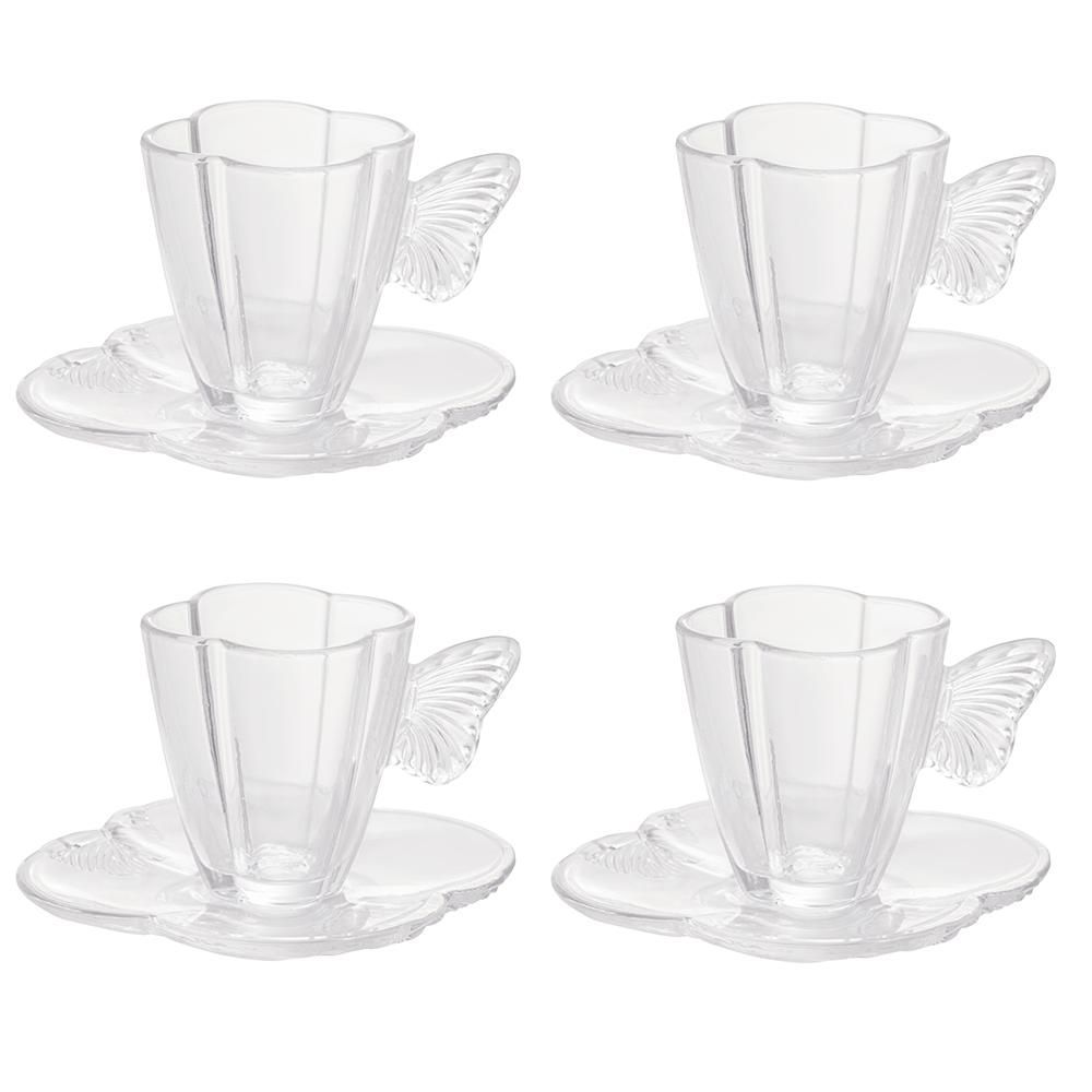 Encontraproduto.com.br - Conjunto 4 Xícaras de Chá de Vidro com Pires Butterfly 180ml - Wolff