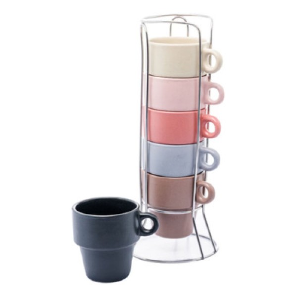 Conjunto 6 Xícaras de Café Empilháveis de Cerâmica com Suporte Coloridas 90ml - Wolff