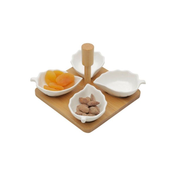 Encontraproduto.com.br - Cj 5 Pcs 4 Petisqueiras E 1 Suporte De Bamboo 15X15X11,6Cm
