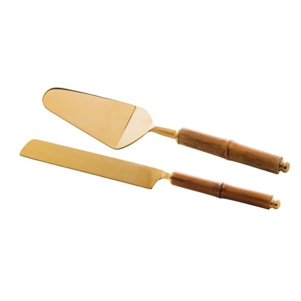 Encontraproduto.com.br - Conjunto 2 Peças para Bolo de Aço Inox com Cabo de Bambu Dourado - Wolff