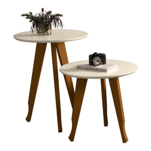 Encontraproduto.com.br - Jogo 2 mesas Sala Estilo Retrô Pés de Madeira, lateral e apoio cor Off white com Freijo - Comprar Moveis Em Casa