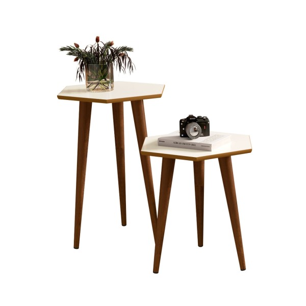 Encontraproduto.com.br - 2 Mesas Lateral e Apoio Tampo Sextavado Pés Palito Retrô Elegance cor Off White com Freijó - Comprar Móveis em Casa