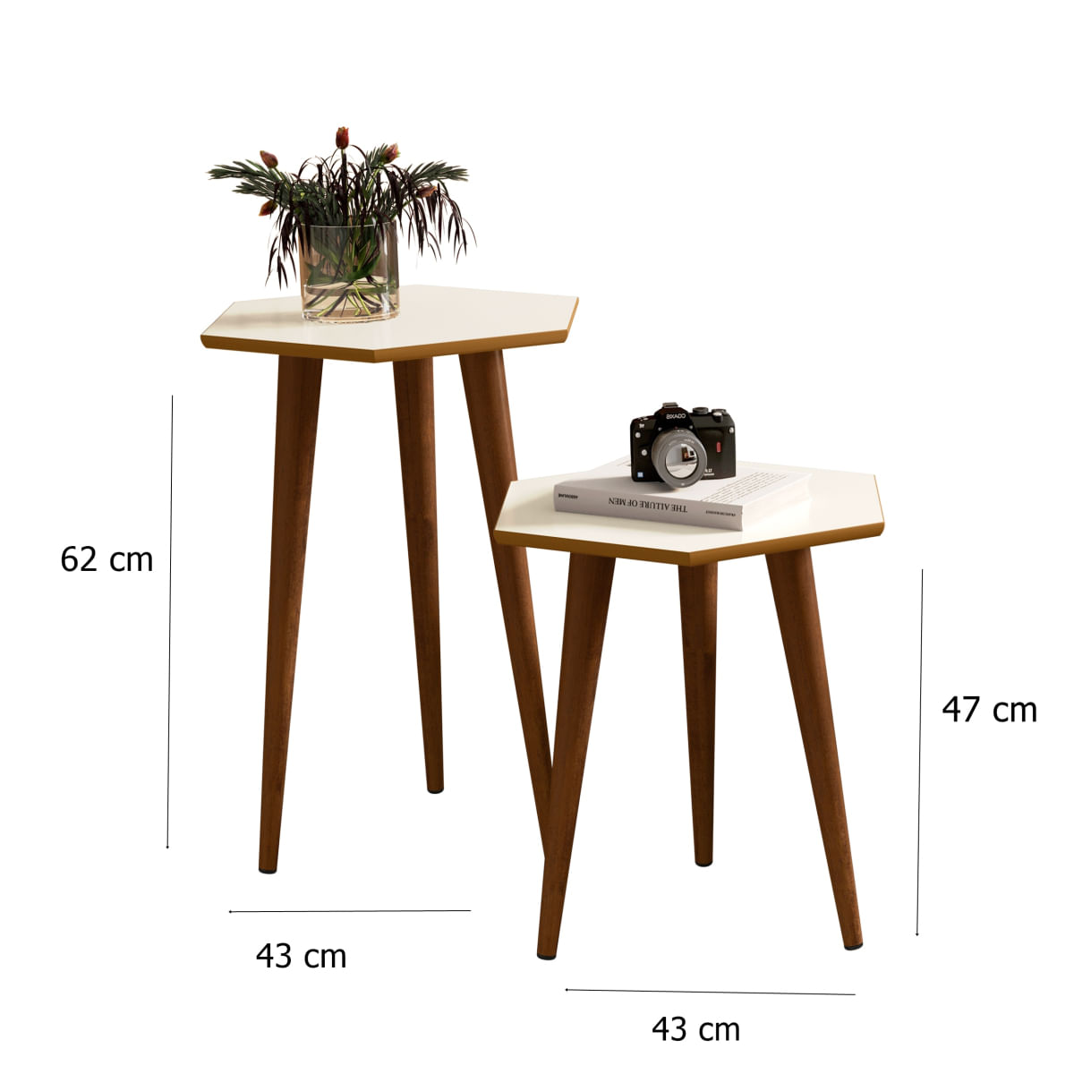 Encontraproduto.com.br - 2 Mesas Lateral e Apoio Tampo Sextavado Pés Palito Retrô Elegance cor Off White com Freijó - Comprar Móveis em Casa
