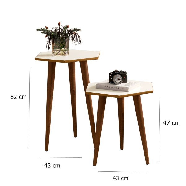 Encontraproduto.com.br - 2 Mesas Lateral e Apoio Tampo Sextavado Pés Palito Retrô Elegance cor Off White com Freijó - Comprar Móveis em Casa