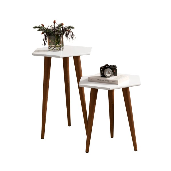 Encontraproduto.com.br - 2 Mesas Lateral e Apoio Tampo Sextavado Pés Palito Retrô Elegance cor Branco - Comprar Moveis Em Casa
