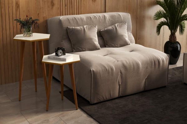 Encontraproduto.com.br - 2 Mesas Lateral e Apoio Tampo Sextavado Pés Palito Retrô Elegance cor Off White com Freijó - Comprar Móveis em Casa