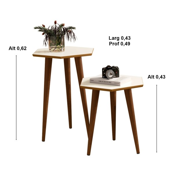 Encontraproduto.com.br - 2 Mesas Lateral e Apoio Tampo Sextavado Pés Palito Retrô Elegance cor Off White com Freijó - Comprar Móveis em Casa