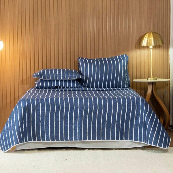 Encontraproduto.com.br - Cobre Leito Casal Padrão Bouti Basic Estampado 180 Fios 3 Peças - Listra Azul Marinho