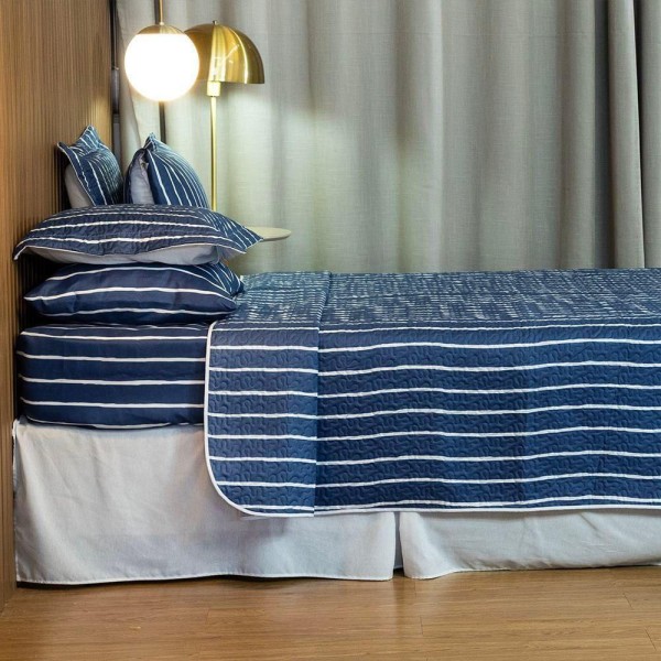 Encontraproduto.com.br - Cobre Leito Casal Padrão Bouti Basic Estampado 180 Fios 3 Peças - Listra Azul Marinho