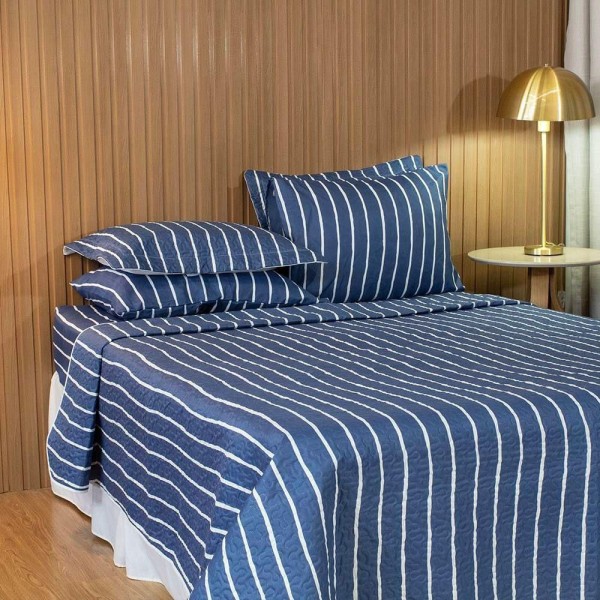 Encontraproduto.com.br - Cobre Leito Casal Padrão Bouti Basic Estampado 180 Fios 3 Peças - Listra Azul Marinho